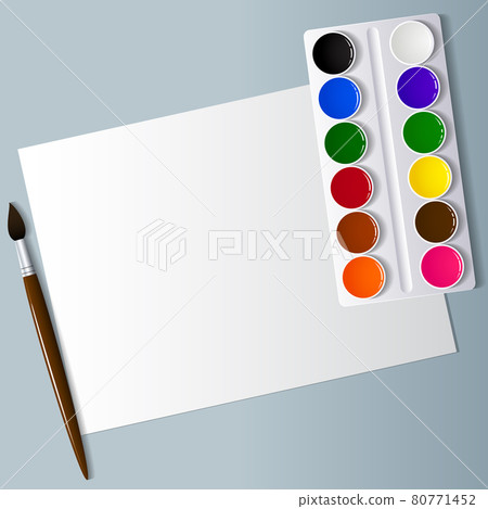 Drawing and creativity. Artistic appliances on the desktop. Watercolor paint, brushes and white paper. View from above . Background image. Drawing and creativity. Artistic appliances on the desktop. Watercolor paint, brushes and white paper. View from above . Background image. 80771452