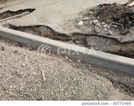 Road reconstruction. New curbstone installed and ready to be fixed with concrete, Road works. 80771489