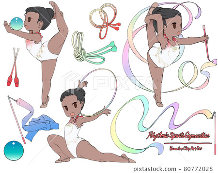 Vector set of rhythmic gymnastics. Cartoon girl with the ball