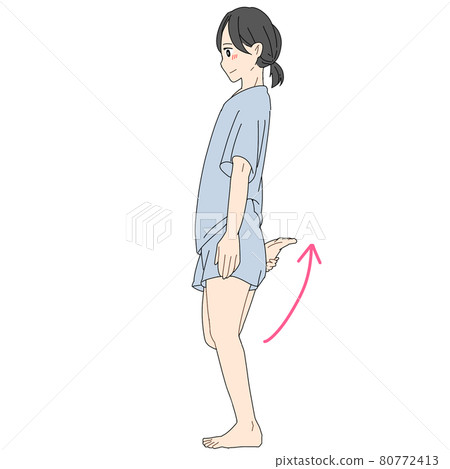 A woman stretching her right front thigh (sideways) A woman stretching her right front thigh (sideways) 80772413