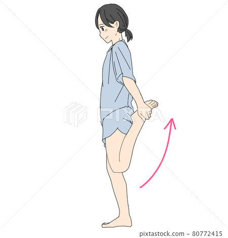 Woman stretching the left front thigh (sideways) Woman stretching the left front thigh (sideways) 80772415
