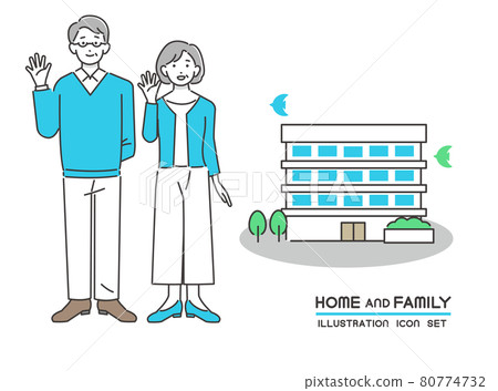 微笑的老年人和公寓和共管公寓/家庭/家庭/家庭的矢量插圖 微笑的老年人和公寓和共管公寓/家庭/家庭/家庭的矢量插圖 80774732