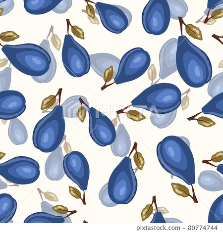 Seamless pattern with plum on white background. Natural delicious fresh ripe tasty fruit. Vector illustration for print, fabric, textile, banner, other design. Stylized plums with leaves.Food concept Seamless pattern with plum on white background. Natural delicious fresh ripe tasty fruit. Vector illustration for print, fabric, textile, banner, other design. Stylized plums with leaves.Food concept 80774744
