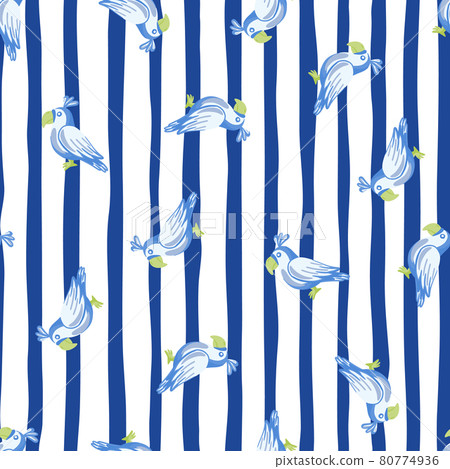 Random blue parrot elements seamless bird pattern. White and blue striped background. Nature backdrop. 80774936