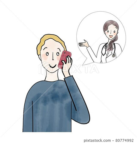 一個通過電話諮詢醫生的男性西方人 一個通過電話諮詢醫生的男性西方人 80774992
