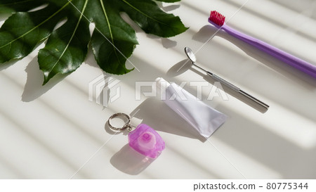 Oral hygiene products and a green leaf on a white table. Toothbrush dental floss dental mirror and dental paste. Oral hygiene products and a green leaf on a white table. Toothbrush dental floss dental mirror and dental paste. 80775344