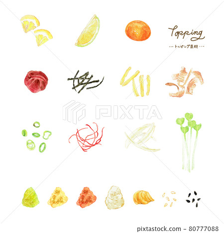 用水彩材料繪製的主要用於日本食品的澆頭和調味品插圖 80777088