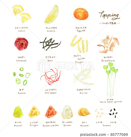 Illustrations of toppings and condiments used mainly in Japanese food drawn with watercolors_named 80777089