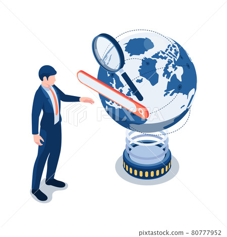 Isometric Businessman Touching Search Bar Over The World Isometric Businessman Touching Search Bar Over The World 80777952