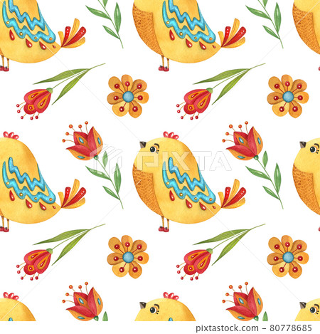 Watercolor seamless pattern with birds and flowers. Cute hand-drawn illustration for textile, scrapbooking, nursery, kids wrapping, poster, print, and child decor. Watercolor seamless pattern with birds and flowers. Cute hand-drawn illustration for textile, scrapbooking, nursery, kids wrapping, poster, print, and child decor. 80778685