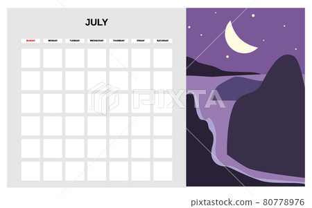 Calendar Planner July summer month. Minimal abstract contemporary landscape natural background. Monthly template for diary business. Vector isolated 80778976