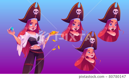 Pirate girl with treasure different face emoji 80780147