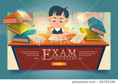 Schoolboy pass exam cartoon banner, Boy solve test Schoolboy pass exam cartoon banner, Boy solve test 80780186