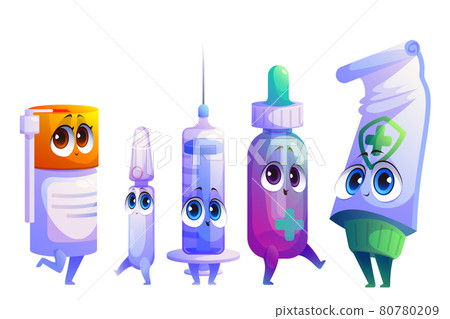 Cartoon remedy, drugs or medicament characters set 80780209