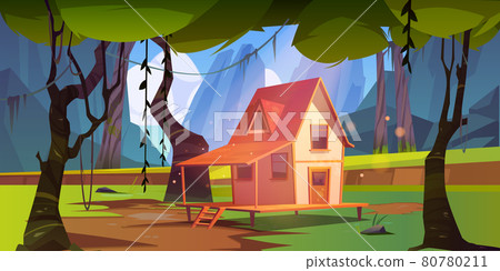 Wooden house in jungle with mountains 80780211