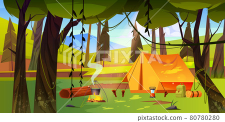 Summer camp with bonfire and tent in forest 80780280