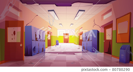 Old dirty school hallway with broken lockers Old dirty school hallway with broken lockers 80780290