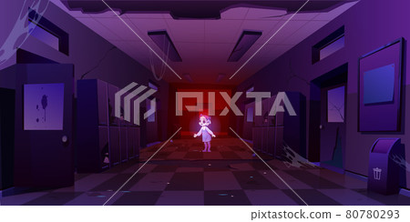 Girl ghost in old dirty school hallway at night 80780293