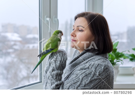 Middle aged woman and parrot together, female bird owner talking looking at green quaker pet 80780298