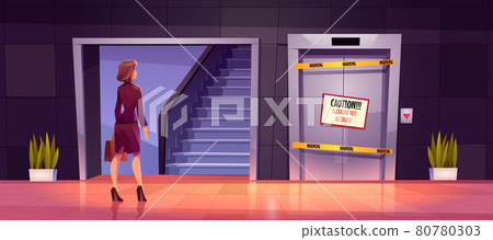 Businesswoman stand near ladder and broken lift Businesswoman stand near ladder and broken lift 80780303