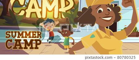 Summer camp poster with people going to hike Summer camp poster with people going to hike 80780325
