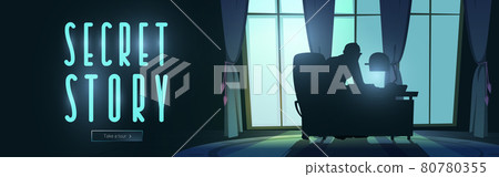 Secret story cartoon web banner, silhouette of man Secret story cartoon web banner, silhouette of man 80780355
