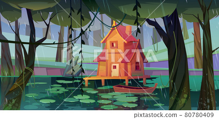 Stilt house at forest swamp with wooden boat. Stilt house at forest swamp with wooden boat. 80780409