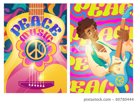 Peace music posters with hippie sign and guitar Peace music posters with hippie sign and guitar 80780444