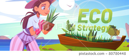 Eco strategy cartoon banner, woman planting trees Eco strategy cartoon banner, woman planting trees 80780448
