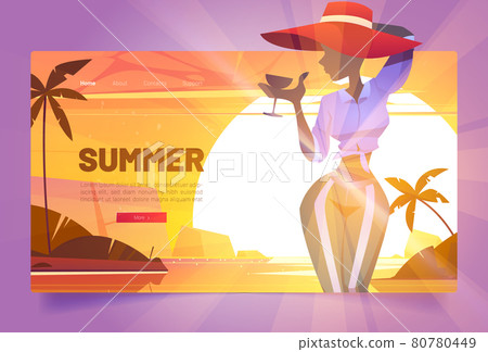 Summer banner with silhouette of woman in hat 80780449