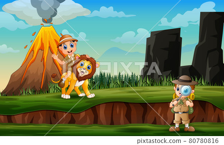 Cartoon of zookeepers and lion with volcano eruption landscape 80780816