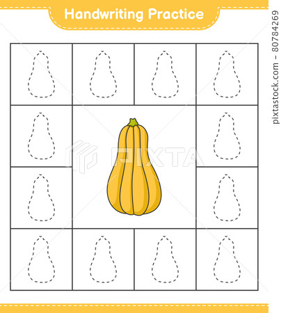 Handwriting practice. Tracing lines of Butternut Squash. Educational children game, printable worksheet, vector illustration 80784269