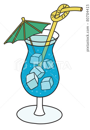 Stylish hand-drawn ink style blue lagoon summer tiki cocktail garnished with pine apple citrus and umbrella in classic hurricane glass. For cocktail party card, poster, bar menu cook book recipe 80784415
