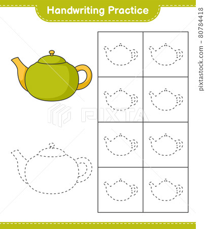 Handwriting practice. Tracing lines of Teapot. Educational children game, printable worksheet, vector illustration 80784418
