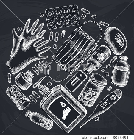 Round design with chalk pills and medicines,... - Stock Illustration ...