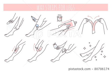 Hair removal wax strips application steps. Waxing at home guide. Skincare and beauty. Leg depilation vector illustration Hair removal wax strips application steps. Waxing at home guide. Skincare and beauty. Leg depilation vector illustration 80786174