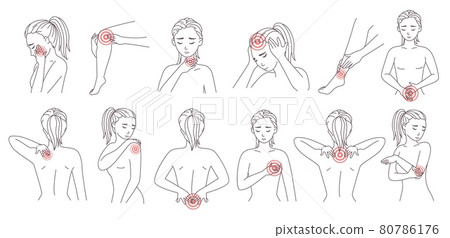 Female body painful zone set, vector illustration. Sick patient body parts red pain dots. Migraine, headache, backache. 80786176