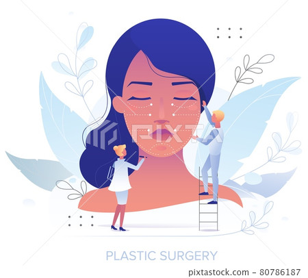 Doctor plastic surgeon drawing incision lines with marker on female face, vector illustration. Plastic aesthetic surgery 80786187