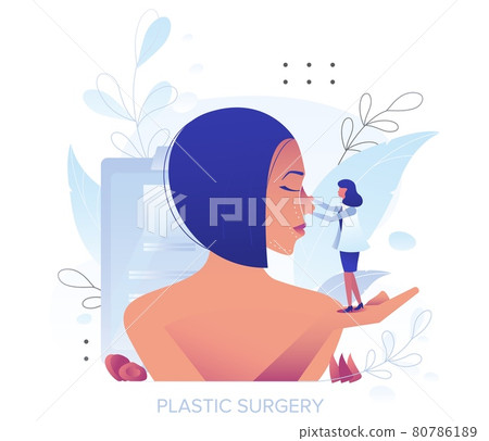 Rhinoplasty, plastic surgery. Doctor improving female face beauty changing nose shape, vector illustration. Nose job. 80786189