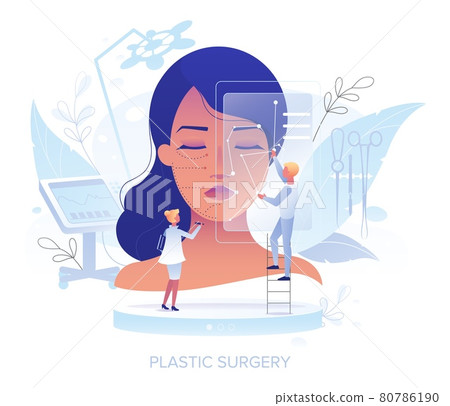 Doctor plastic surgeon drawing incision lines on female face, vector illustration. Plastic surgery. Facial contouring. Doctor plastic surgeon drawing incision lines on female face, vector illustration. Plastic surgery. Facial contouring. 80786190