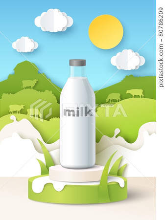 Milk bottle mockup on podium, paper cut fields, cows, milk splashes, vector illustration. Natural dairy food product ads Milk bottle mockup on podium, paper cut fields, cows, milk splashes, vector illustration. Natural dairy food product ads 80786209
