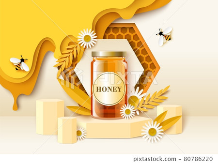 Honey glass jar mockup on podium, paper cut bees, flowers, honeycombs. Natural sweet syrup organic product ads, vector. 80786220