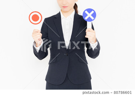 一位身著西裝的女商人站在白色背景前，手持 OK 和 NG 標語牌 80786601