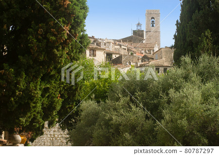 Saint Paul de Vence village framed by century-old cypress trees on the French Rivier Saint Paul de Vence village framed by century-old cypress trees on the French Rivier 80787297