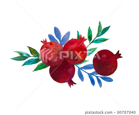 Original watercolor composition of garnet flowers and pomegranate fruits for decor, wedding invitations, birthday cards 80787840