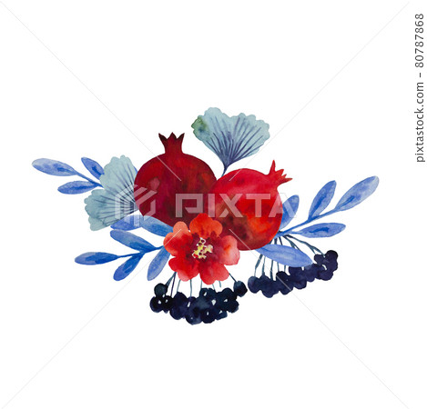 Original watercolor compositionof garnet flowers and pomegranate fruits for decor, wedding invitations, birthday cards 80787868