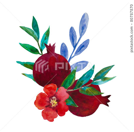 Original watercolor composition of garnet flowers and pomegranate fruits for decor, wedding invitations, birthday cards 80787870