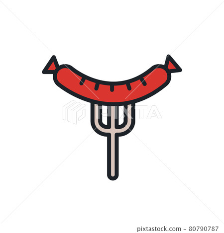 Grilled sausage on fork icon. Vector isolated linear color icon contour shape outline. Thin line. Modern glyph design. Meat products. Food ingredients Grilled sausage on fork icon. Vector isolated linear color icon contour shape outline. Thin line. Modern glyph design. Meat products. Food ingredients 80790787