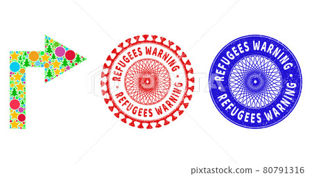 Refugees Warning Scratched Seal Stamps and Turn Right Collage of Christmas Symbols 80791316