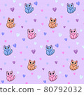 Cartoon seamless pattern with a little cat and hearts on a lavender background. Cute seamless pattern for little babies fabric. Hand-drawn pastel seamless pattern for kid's fashion. Cat baby vectors 80792032